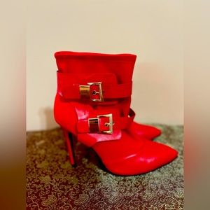 Red Pull-on Double Buckle Pointed Toe Stretchy Ankle Boots Stiletto Heels Size 7